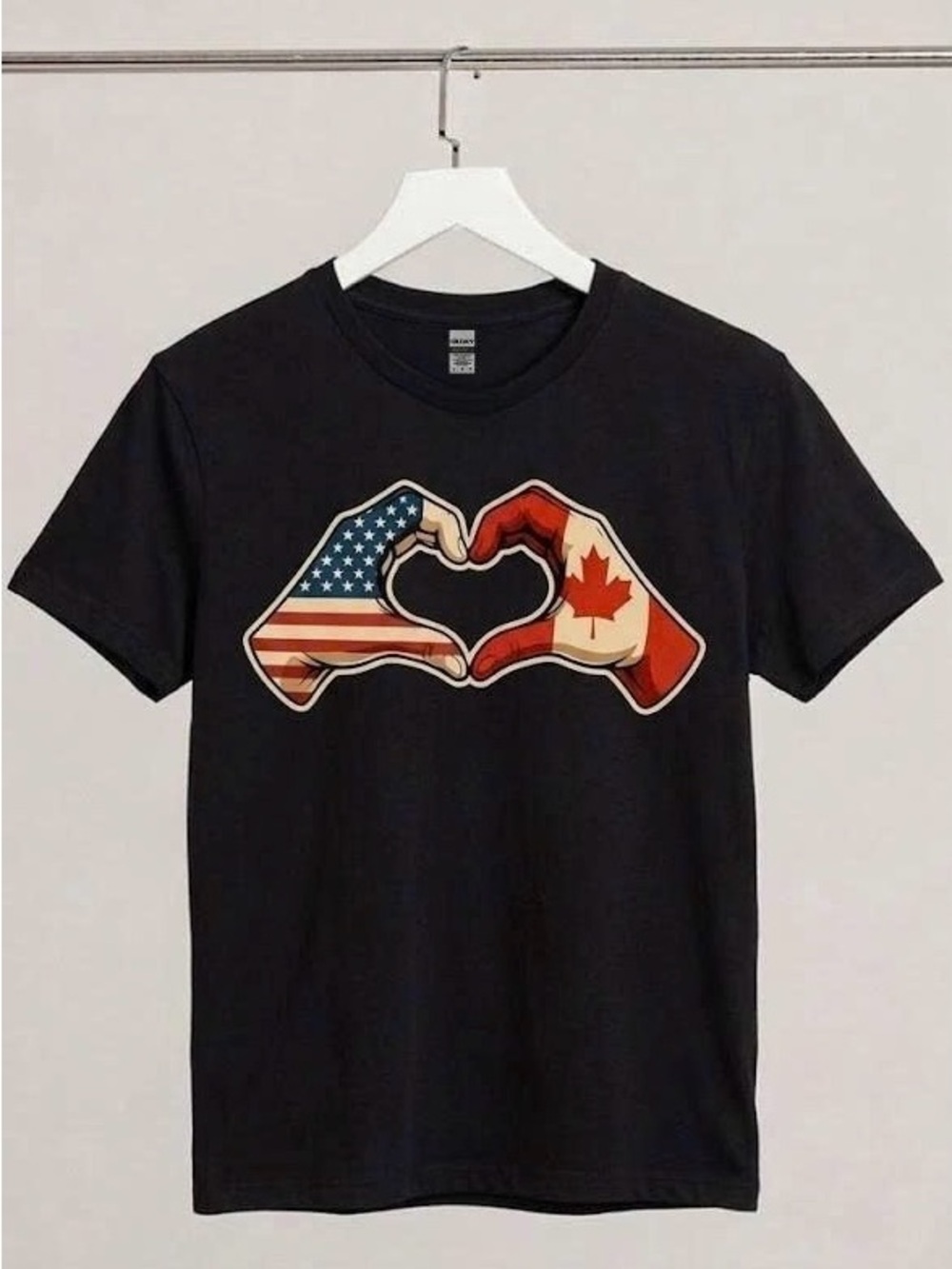 USA Canada Friendship Heart Hands Graphic Tee Black Unisex T-Shirt